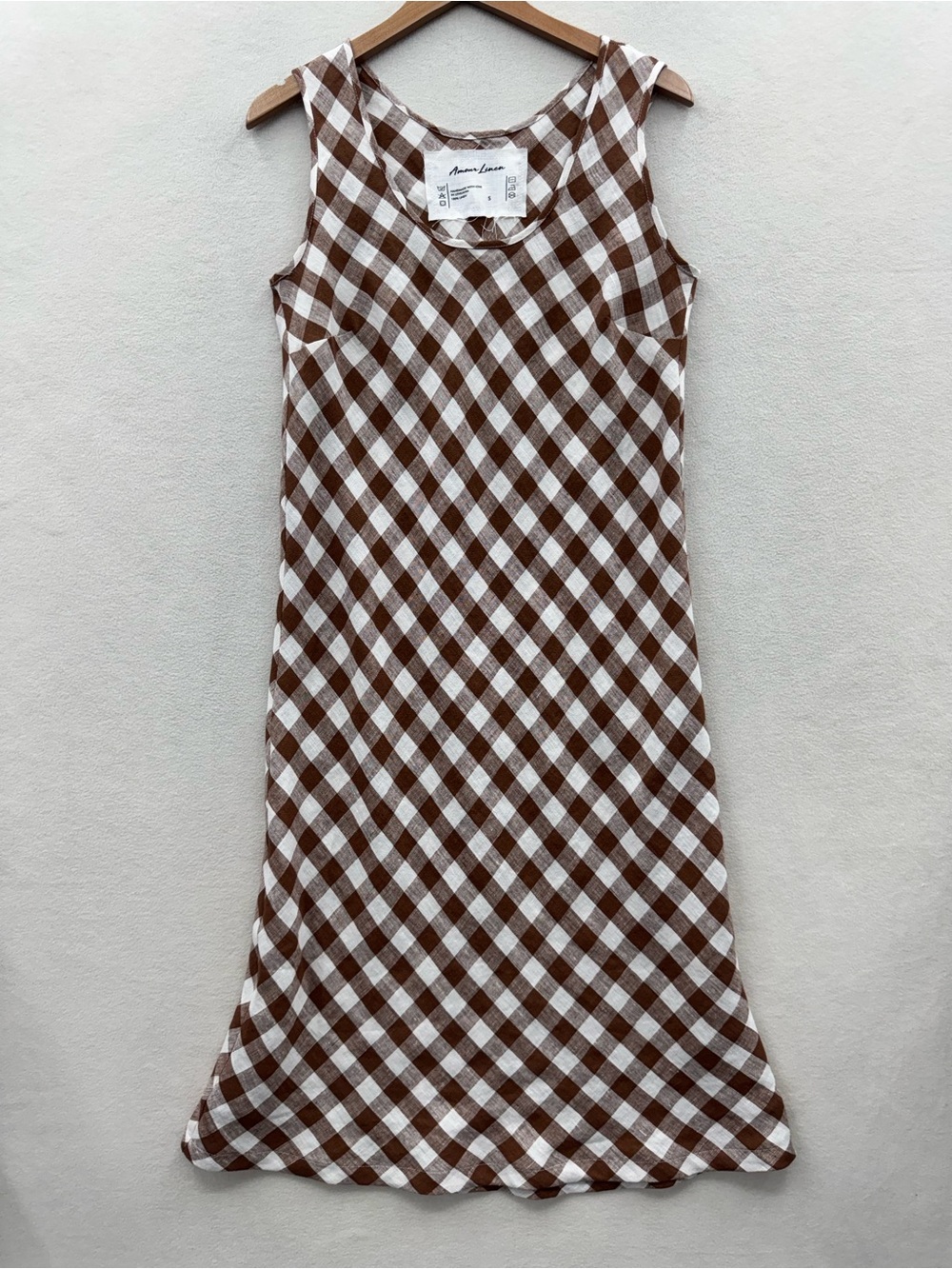 Amour Linen Women’s Small 100% Linen Maxi Dress Brown White Gingham